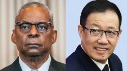 Menteri Pertahanan AS Lloyd Austin dan Menteri Pertahanan Tiongkok Dong Jun (Foto: Kyodo)